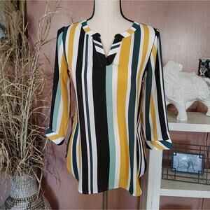 Van Heusen Size XXS Extra Extra Small Pin Stripe Green Gold Long Sleeve Blouse